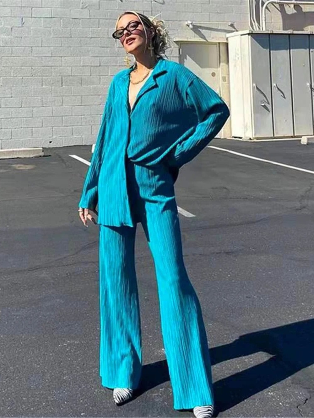 NEW Turquoise Teal Blue Pleated Wide-Leg Pants & Top Set - 2 Piece Outfit Size M